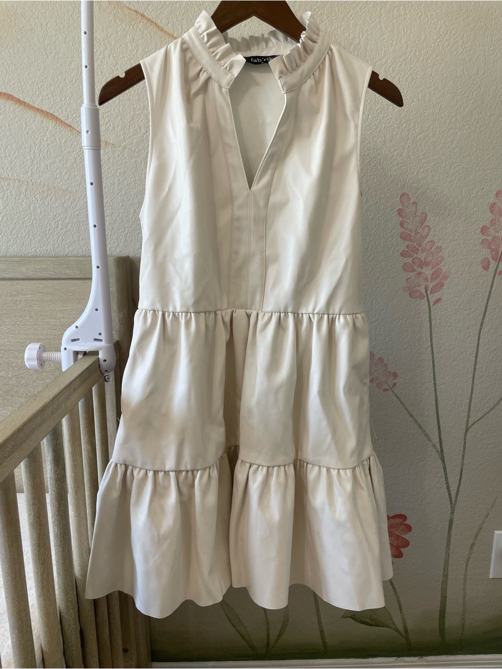 Faux Leather Ruffled Neck Sleeveless Tiered Dress - Cream
